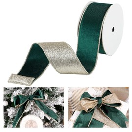 LIZLOVESS Hunter Green Velvet Wired Ribbon with Glitter Back 2.5 Inch Dark Green and Gold Christmas Wired Ribbon for Christmas Tree, Gift Wrapping, Crafts, Wreaths Supplies, Topper Bows (10 Yards)