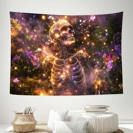 LATETOMT 60x44in Skull Tapestry Glowing Floral Skeleton Tapestry Fantasy Moonlit Sparkle Wall Hanging for Boys Living Room Bedroom Dorm Ceiling Decor LTMTADJ1162