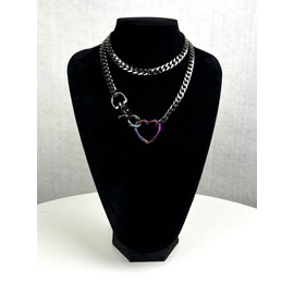 paloli Women's Slip Chain Rainbow Heart O-Ring Chunky Chain Necklace, Rays Cuban Long Layered Jewelry, Adjustable Lariat Y-Necklace Heart Loop Choker (34'', Black-Rainbow)