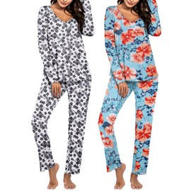 Ekouaer Womens 2 Pack Pajama Set Long Sleeve Pajamas Top and Pants V Neck Pjs Set Soft Sleepwear Loungewear