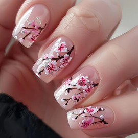 Flower Press on Nails Square Fake Nails Short False Nails with Pink Floral Silver Glitters Design Glue on Nails Spring Acrylic Nails Full Cover Stick on Nails Reusable Nails for Women Manicure 24Pcs