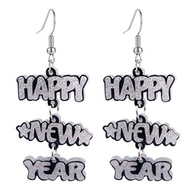 Happy New Year Earring for Women Acrylic Heart Star Wine Glass Dangle Earrings Holiday New Year’s Eve Earrings Festive Party Jewelry Gifts (Sliver New Year Earrings)