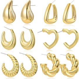 6 Pares Aretes para Mujer, Juego de Aretes de Aro de Oro para Mujer, Chapados En Oro de 14 Quilates, Ligeros, Hipoalergénicos, Aretes de Aro de Oro Grueso Regalos de Joyería Adecuados para Mujer