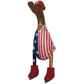 Brave Wings Hand Carved Wooden Bamboo Duck ~ USA American Team Ice Skating 24.5cm High ~ Ornament Sculpture Figurine Statue Unique Table Decoration Home Decor ~ 5214