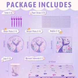 124 Pcs Mermaid Party Supplies – 3-Tier Cupcake Stand, 9" Plates, 7" Dessert Plates,Tablecloth, Napkins, Forks, Cupcake Toppers, Cups & Straws – Underwater Theme for Birthday, Wedding, Baby Shower