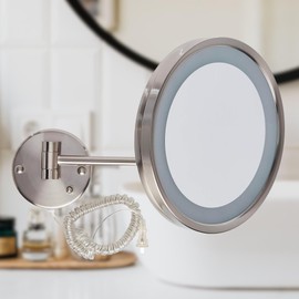 JERDON Lighted Wall-Mounted Makeup Mirror - Makeup Mirror with 5X Magnification & Wall-Mount Arm - 9.5-Inch Diameter Mirror with Nickel Finish Wall Mount - Model HL1016NL