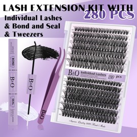 DIY Lash Extension Kit 280pcs Individual Lashes Cluster B&Q D Curl Eyelash Extension Kit Lash Clusters with Lash Bond and Seal and Lash Applicator Tool (KIT,30D40D-0.07D-9-16MIX)
