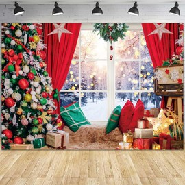 Msocio 7x5ft Christmas Window Backdrop Winter Snow Scene Photography Background for Merry Christmas Xmas Holiday Happy New Year Party Decorations Banner Family Portrait Photo Booth Props