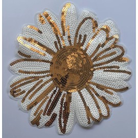 The Patch Bunker Gold & White Daisy Sequin Patch – 9in Embroidered Floral Sew-On for Jackets & Ba