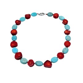 Treasure Bay Unique Handmade Natural Turquoise and Red Coral Necklace for Women