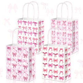 BACH AND BOUJEE 12 PCS Pink Bow Party Favor Bags with Handles Coquette Pink Bow Goodie Gift Bag Candy Treat Boxes for Girls Birthday Decorations Bridal Baby Shower Wedding Party Supplies