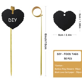 BLUE TOP 50 Bamboo picks 50 Black Heart Lable Cupcake Picks Cocktail Picks Cheese Markers Buffet Labels for Charcuterie Board Food Tags for Parties, Olympic Games Celebrations