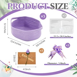 GlikCeil 3 Set of Purple Woven Baby Gift Baskets with Ribbons Cards and Bags for Pet Toy Organize 13.4 x 9.8 x 5.1" Empty Cotton Rope Storage Basket with Handle for Baby Shower Mother's Day Valentines