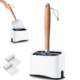 Metal Cat Litter Scoop with Holder, Poop Scooper with Stand and 2 Rolls of Garbage Bags, Heavy Duty Stainless Steel Shovel with Wooden, Quick Sifter for Easy Cleaning (Long handle-9.8" with Holder)