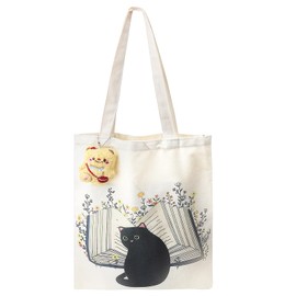 UOCAI Gifts for Cat Lovers with Bear Pendant Black Cat Fabric Bag Printed Foldable Shopping Bag Jute Bag Women's Aesthetic Canvas Handbag Tote Bag Cats for Women 40 x 30 cm, beige