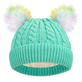 EDCYF Kids Winter Knit Beanie Hat Children's Thick Warm Fleece Lined Hat with Pompom for Girls Ages 6-14 Green