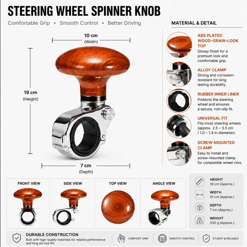 Steering Wheel Spinner Knob with 360° Bearing – Clamp-On Turning