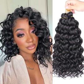 14 Inch Ocean Wave Crochet Hair 7packs Boho Style Hawaii Curly Natural Black Crochet Braids Beach Curl Synthetic Braiding Hair for Black Women Extensions (14 Inch, 1B)