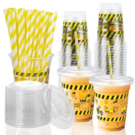 Ovveroche 50 Pcs Construction Truck Plastic Cups with Lids and Straws,12 oz Construction Reusable Cups Disposable Cups for Party Drinking,Plastic Tumbler for Birthday Party Construction Theme Party