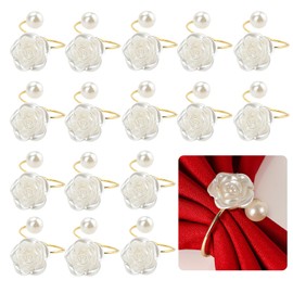 SITAKEGS Pearl Napkin Rings, 16PCS Rose Flower Napkin Buckles Napkin Rings Holders, Metal Serviette Buckles for Dinner Wedding Banquet Valentines Day Party Restaurant Kitchen Table Setting