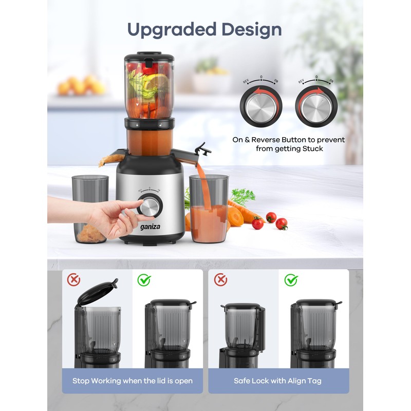 Ganiza Juicer Machines, Slow Masticating Juicers with Large Feed Chute