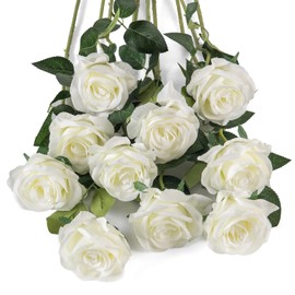 10 Rosas Artificiales de Seda Blanca, Tallo Largo para Hacer Bricolaje Ramo de Boda, Mesa de Centro de Mesa para decoración del hogar