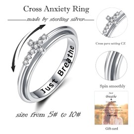 ZOEXUE Sterling Silver Cross Spinner Ring for Women - 4mm Christian Anxiety Relief Ring, Just Breathe Fidget Jewelry, Stackable Stress Relief Gift for Daughter, Teen, Granddaughter (Size 5)