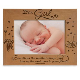KATE POSH- It's a Girl, Sometimes the smallest things take up the most room in your Heart, Winnie The Pooh Engraved Natural Wood Picture Frame, Baby's 1st Picture, Love at First Sight (5x7 Horizontal)