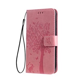 SEAHAI Case for HONOR X7c / HONOR 200 Smart 5G Wallet Case, Pretty Embossed Leaves and Cat Pattern Premium PU Leather Book Style Flip Cover Shockproof Case, Pink