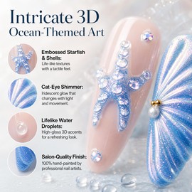 10Pcs Long Almond Press on Nails, Mermaidcore Ocean Theme False Nails, 3D Seashell & Starfish Design, Blue and Mint Green Glitter French Tip Glue on Nails for Women and Girls