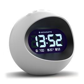 NEWGATE® Centre of The Earth Alarm Clock | Round Retro Digital LCD Clock | White | Ideal for Bedside, Desk or Shelf | Retro Bedroom & Office Accessory