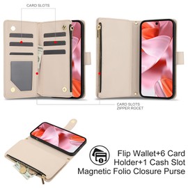 YocoverTech for Google Pxiel 7 Pro 5G Case,for Pixel 7 Pro Flip Case,6 Card Holders +1 Cash Slot Wallet Cover Magnetic Folio Closure Purse with Wristlet Crossbody Lanyard-Beige