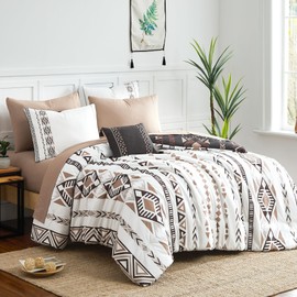Geniospin Geniospin King Size Comforter Set, Boho Bed in a Bag 8-Pieces Bedding Set, Reversible Aztec Design with Soft Microfiber, Lightweight, Warm and Breathable (Brown, 102x90 Inches)