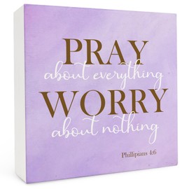 FHUGX Christian Wood Box Sign 5×5 Inches, Pray About Everything Worry About Nothing Bible Verse Religious Purple Wood Sign for Home Office Desk Tabletop Shelf Decor