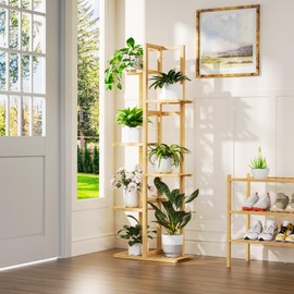 ROMGUAR CRAFT 6 Tier Bamboo Plant Stand Indoor, Wood Tall Flower Holder Corner Tiered Plant Shelf for Multiple Plants (Natural)
