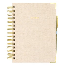 ELYN Lined Spiral Journal, Linen Hardcover Notebook With Matching Gold Gel Pen, 252 Pages, 8 in x 5 in - 100 GSM Premium Thick Paper, Modern Spiral Notebook for Home, Office or Writing Notes, (Linen)
