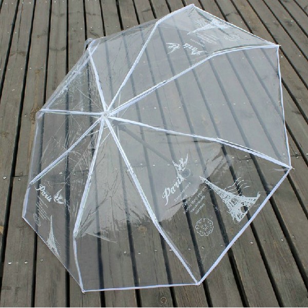 WerFamily Transparent Folding Umbrella Paris Eiffel Tower Rain Umbrellas (White/Manual)（Fast