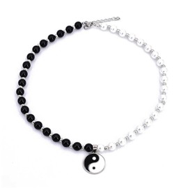 WCRAZYE Goth Punk Half Chain Pearls Necklace Black White Beaded Taichi Yin Yang Pendant Necklace for Women Reiki Choker Amulet Necklace Link Chain Pearls Necklace Fashion Lucky Jewelry (Black White Necklace)
