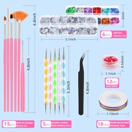 Nail Art Kit for Beginners with Nail Brushes Set and Dotting Tools, Jumbo Holographic Glitter Sequins Assorted Heart Star Maple Leaf Glitter Flakes Colorful Striping Tape with Tweezers (03-Pink)
