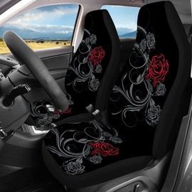 Ystardream Goth Rose Automotive Seat Covers for Women Men Dark Style Front and Rear Bench Back Seat Cover Set with Steering Wheel Cover/Seat Belt Cover Universal Protector Covers