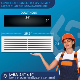 24" x 6" Duct Hole [25.6" x 7.6" Face] Aluminum Return Grille HVAC Ceiling or Sidewall - Rustproof - Fixed Blades - No Louver, No Filter, No Adjustable Fins, Without Damper