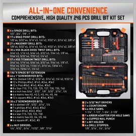 Ultimate Drill Bit Set - 246 PCS Comprehensive Premium Quality Drill Bits Kit for Wood Metal Cement Drilling & Screw Driving, Full Combo Kit Assorted in Organized Carrying Case, Reinforced Packaging