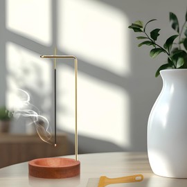 Incense Stick Holder, 3-in-1 Handmade Wood Round Base Incense Cones Holder Modern Design with Cone Spool, 9 Hole Incense Holder Incense Burner for Home Yoga Meditation Room Decoration (Red Brown)