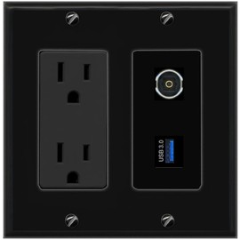 RiteAV 15A Power Outlet 1 Port TOSLINK 1 USB-3 Jack Decorative Wall Plate [Black]