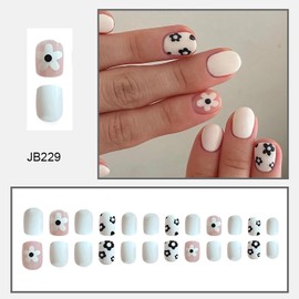 White Press on Nails Short Square Fake Nails Flower False Nails Full Cover Cute Acrylic Nails Extra Short Glue on Nails Small Flowers Artificial Nails Summer Stick on Nails for Women Nail Decorations