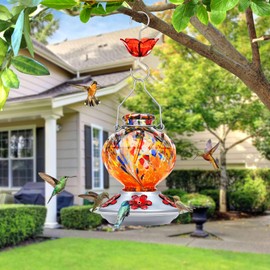 BOLITE Hummingbird Feeder, Hand Blown Glass Hummingbird Feeders for Outdoors Hanging, 22 Ounce, Five Feeding Ports with Perch, Peony Flower Shape, Orange