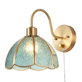 Vintage Bedside Wall Lamp with Dimmable Switch, Brass Industrial Gooseneck Wall Sconce with Plug in Cord, Semicircular Sea Blue Stained Glass Shade Wall Light Perfect for Bedroom, Living Room, Hotel