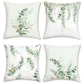 Bonhause Eucalyptus Leaves Cushion Covers 45 x 45 cm Sage Green Leaf Flower Decorative Throw Pillow Covers for Sofa Couch Bed Home Spring Garden Patio Decor Set of 4