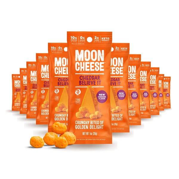 Moon Cheese Cheddar Believe It, 1 Ounce, 12-Pack, Crunchy, Protein-Rich Cheese Snack, Keto Friendly, 100% Real Cheese