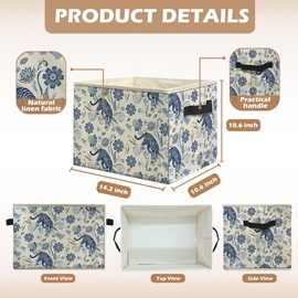 uinwk Vintage Boho Blue Floral Tiger Storage Bins, Tiger Gifts, French Country Toile de Jouy Flower Collapsible Storage Box Laundry Basket with Handle for Bedroom Bathroom Office Clothes Toys Books